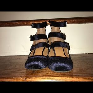 Blue suede strap up mary janes